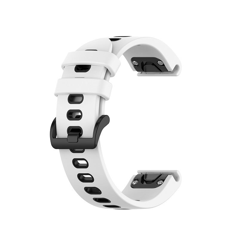 White and black silicone smartwatch band with quick-fit connectors and ventilation holes for easy replacement