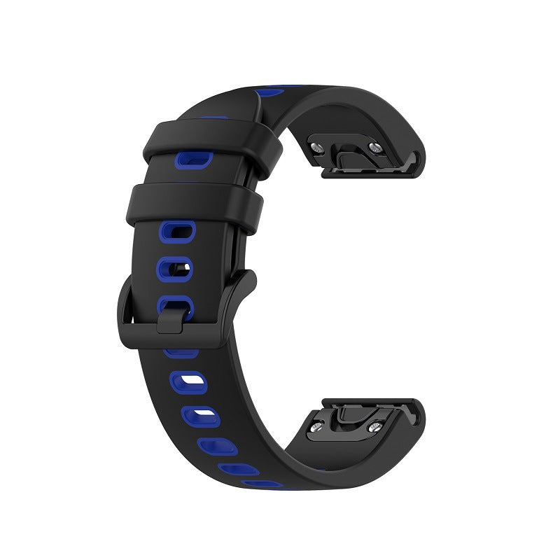 Black and blue silicone smartwatch band with quick-release connectors and adjustable strap for easy fit changes