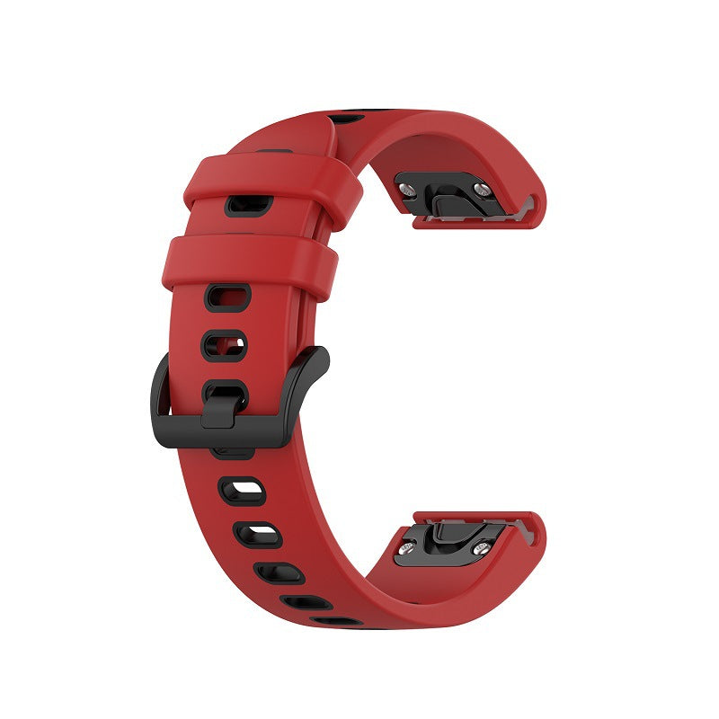 Red silicone smartwatch band with quick-fit connector, ventilation holes and adjustable strap for sports watches