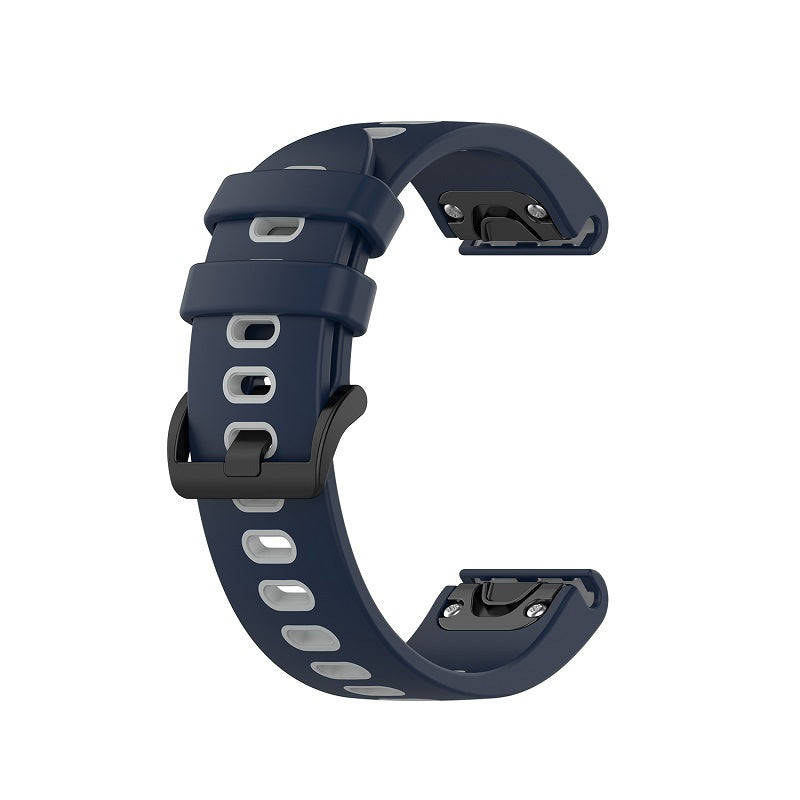 Navy blue silicone smartwatch band with quick-fit connectors and gray accents, compatible with sports watches