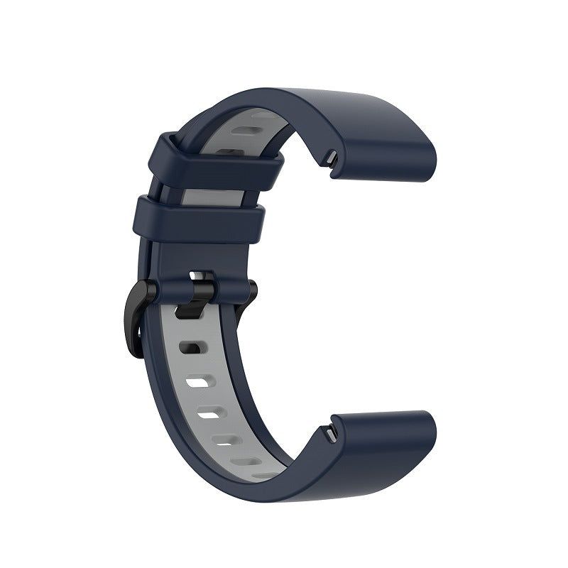 Navy blue silicone smartwatch band with quick-fit connector and gray interior lining