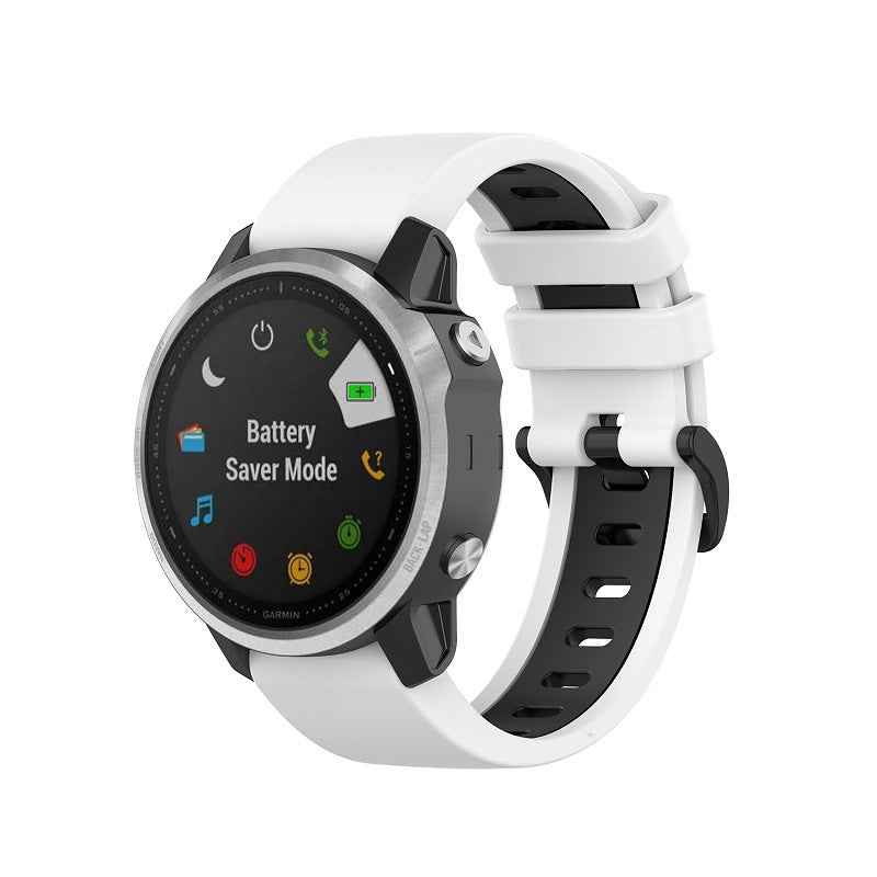 Garmin smartwatch with white silicone band displaying Battery Saver Mode on black dial face
