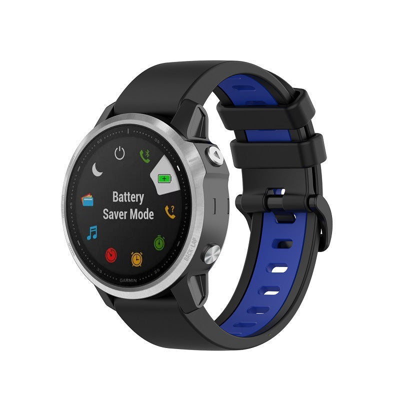 Garmin smartwatch with black and blue QuickFit silicone band displaying Battery Saver Mode on screen