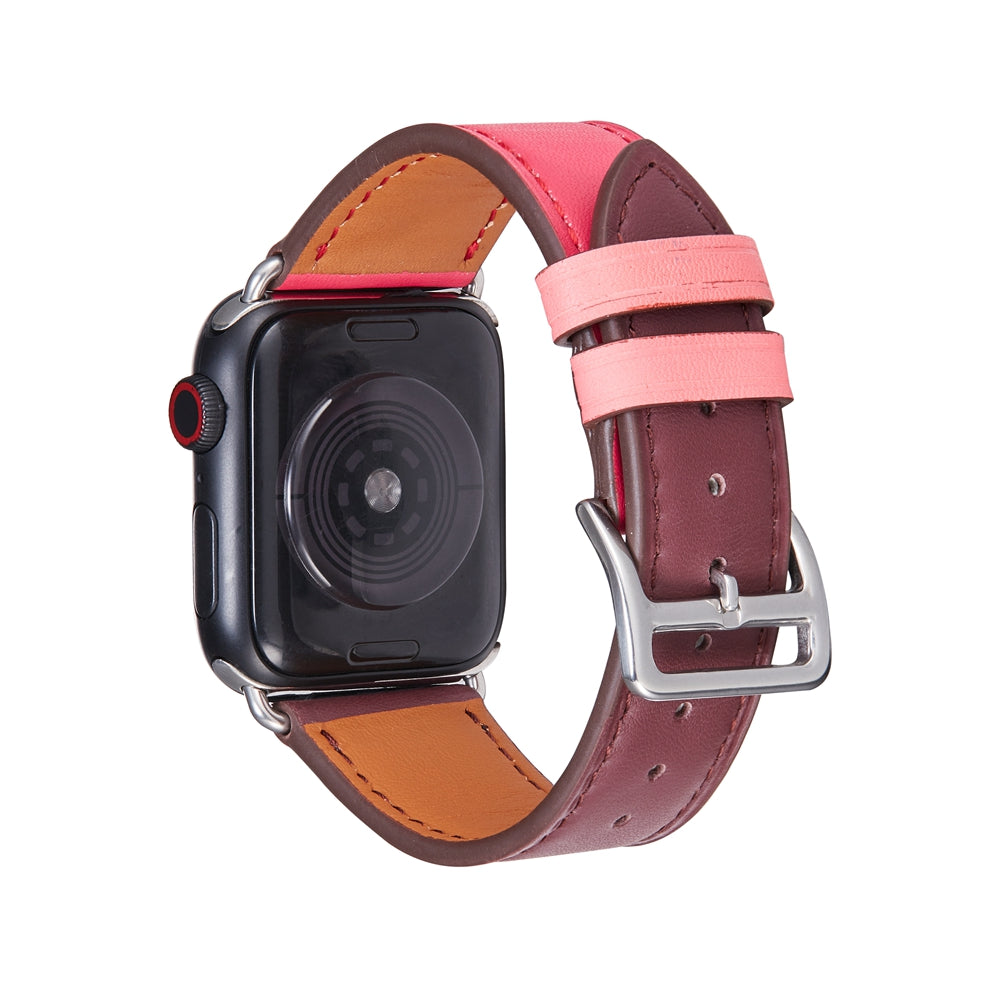 Colorful leather Apple Watch band with maroon, pink and tan straps, silver buckle and contrasting stitching detail