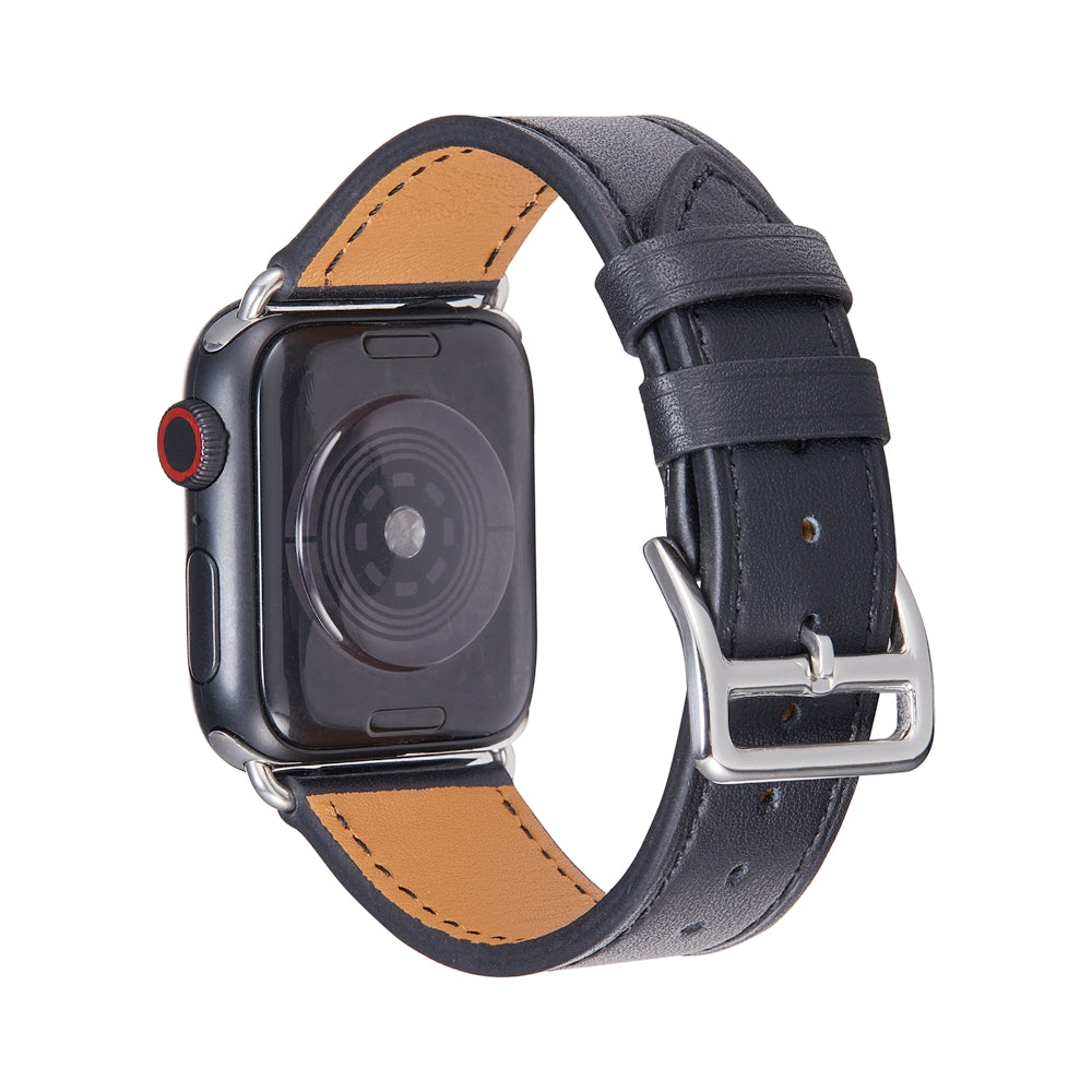 Black leather Apple Watch band with tan interior, single tour design, stainless steel buckle, compatible with all Apple Watch sizes