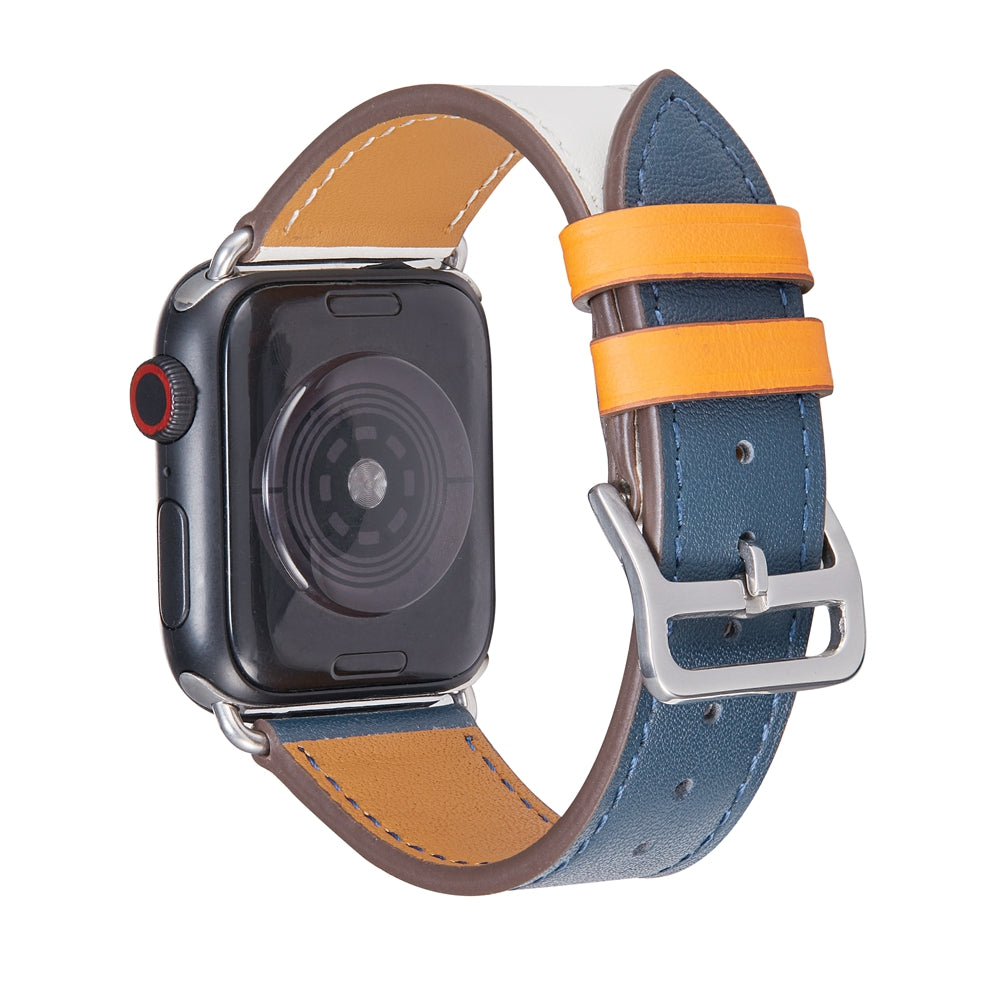 Apple Watch leather band single tour blue orange white with silver buckle and brown accents