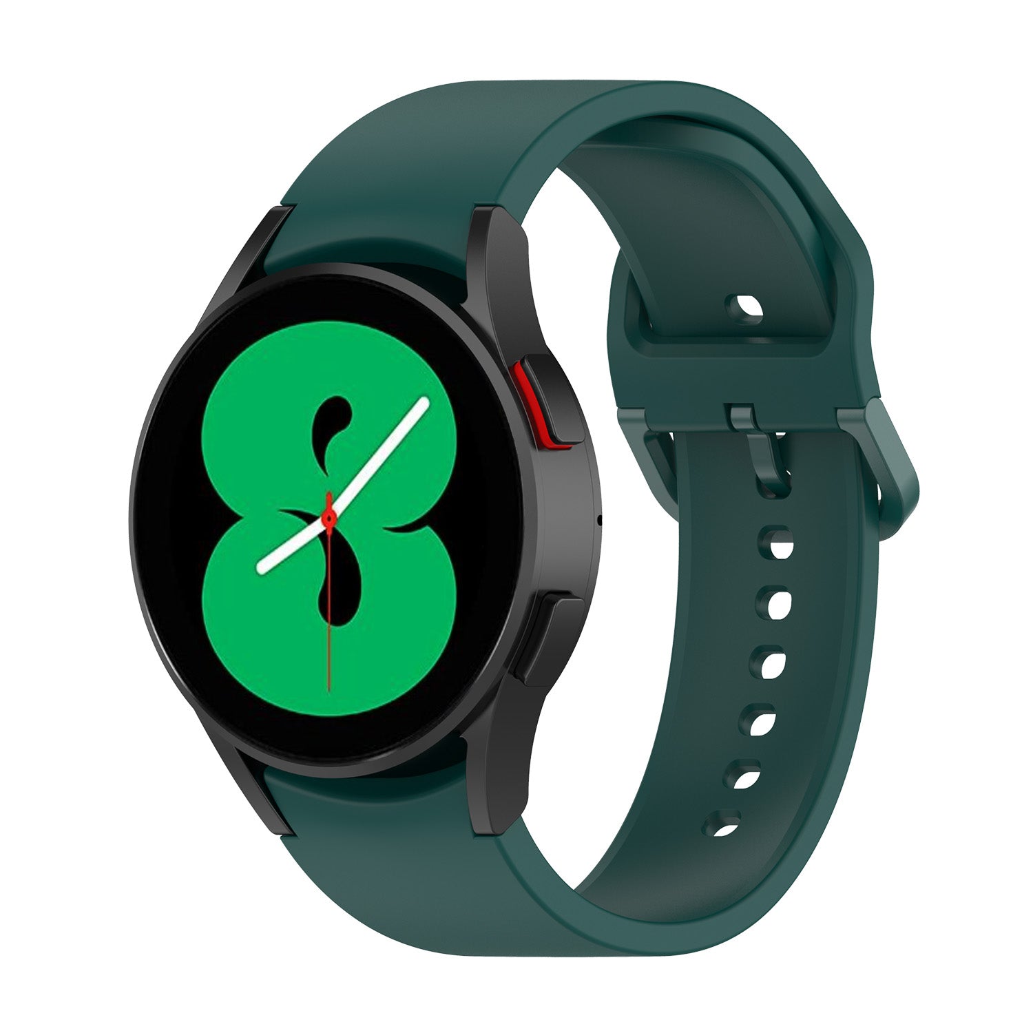 Black smartwatch with teal silicone band displaying green watch face with white hands