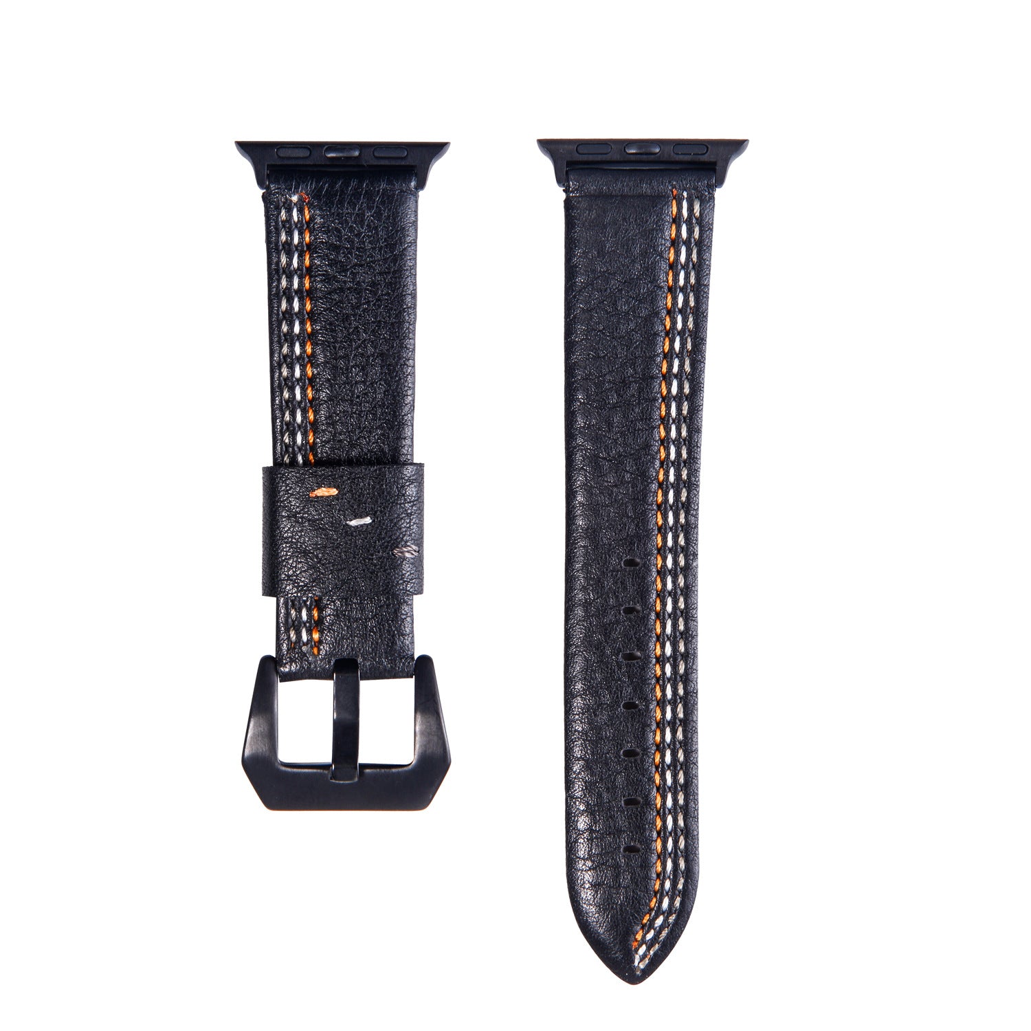 Black leather asymmetrical stitch Apple Watch band with orange contrast stitching and black connector lugs