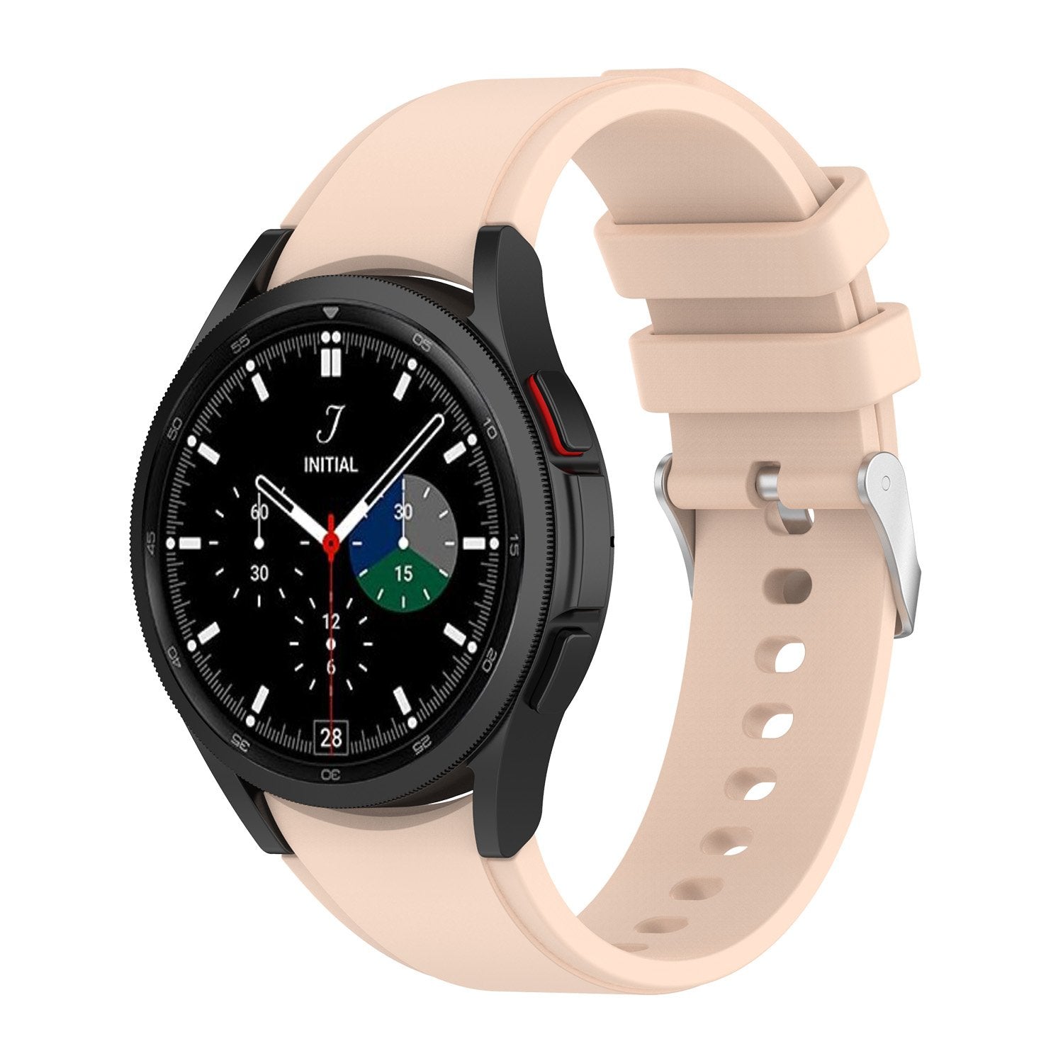 Black smartwatch with black bezel and black silicone band, featuring chronograph dial and peach silicone watch strap with adjustable fit