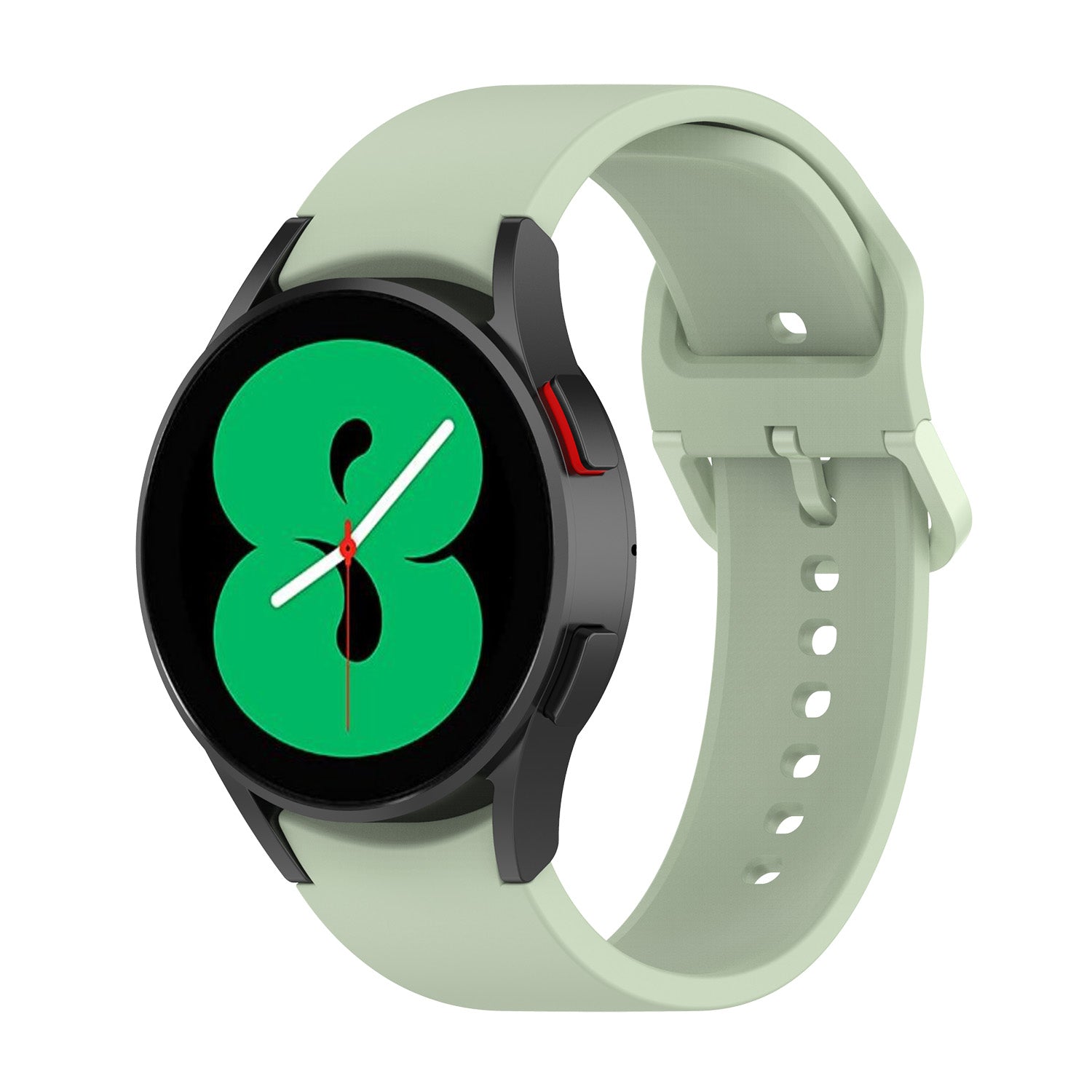 Black smartwatch with sage green silicone band displaying green watch face with white hands and red accents