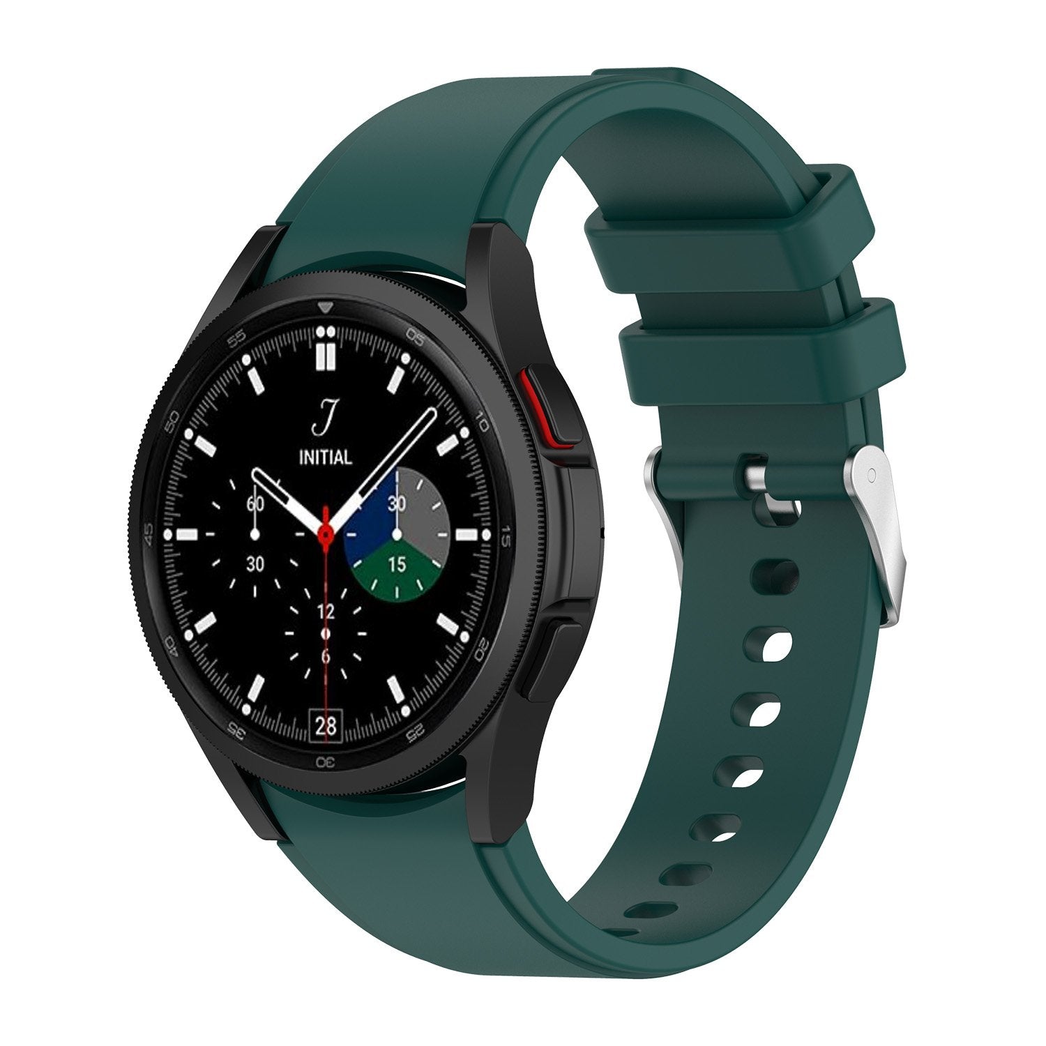 Black smartwatch with chronograph dial and teal silicone sport band featuring gapless design and adjustable fit