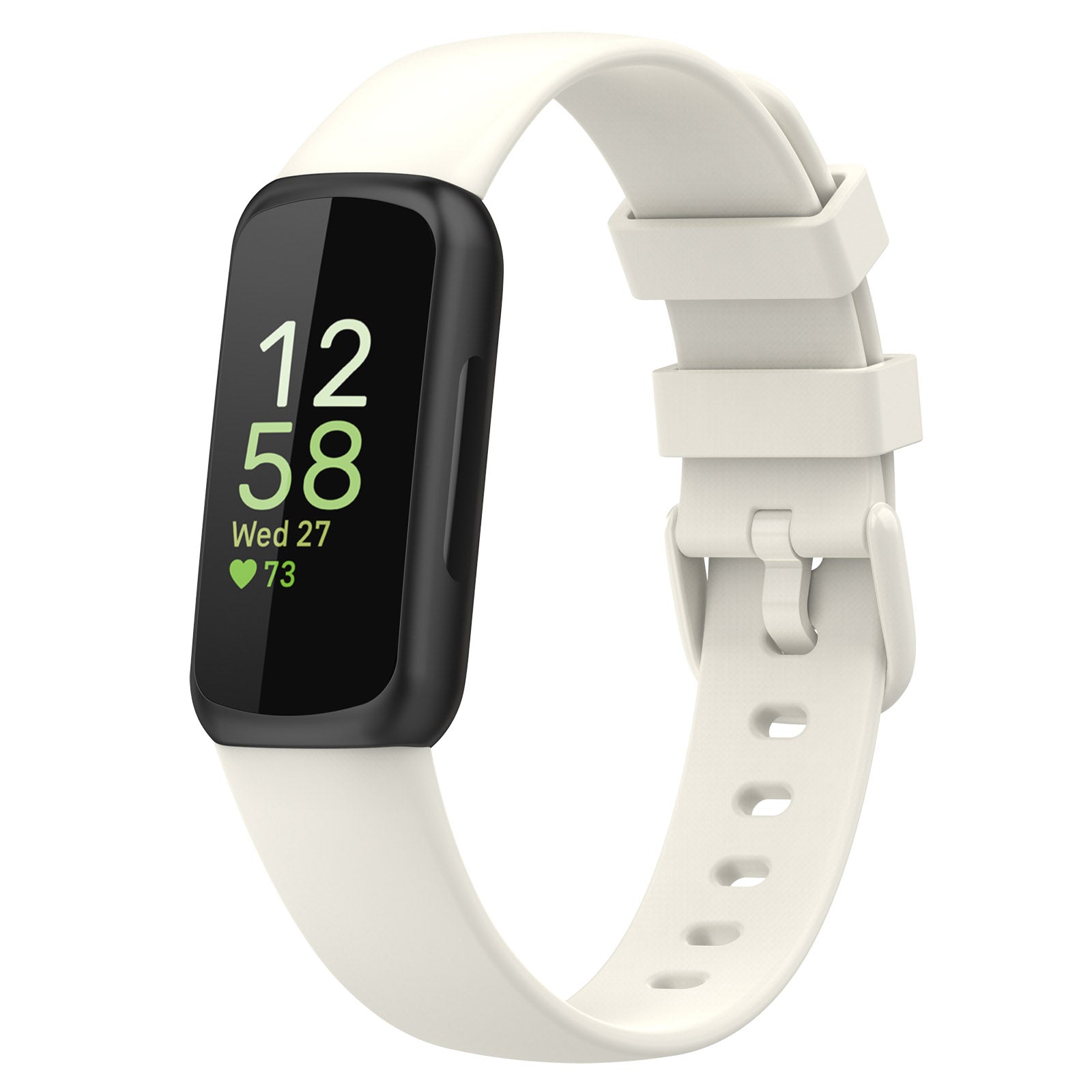 Fitbit Inspire 3 fitness tracker with white silicone band displaying time and heart rate on black screen