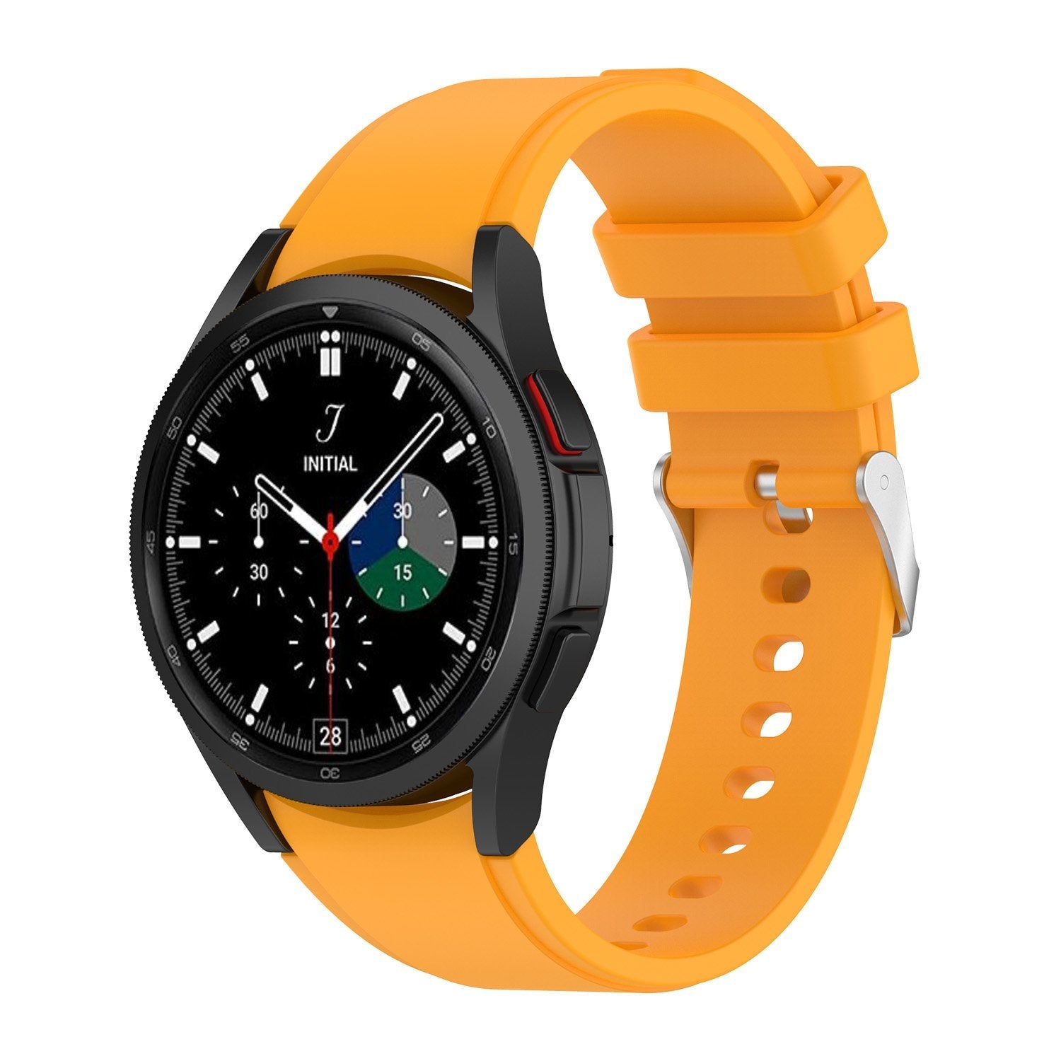 Black smartwatch with black dial and orange silicone sport band featuring adjustable strap and silver buckle