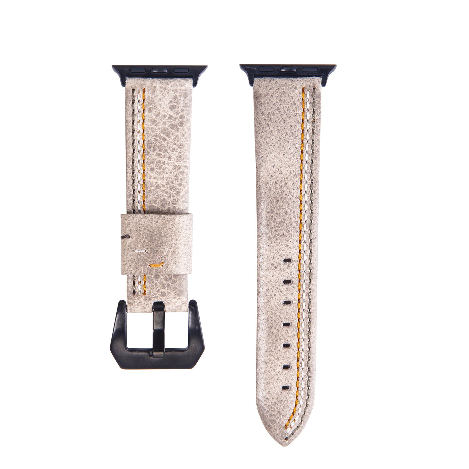 Ivory white leather Apple Watch band with asymmetrical orange stitching, black connector, and adjustable buckle closure