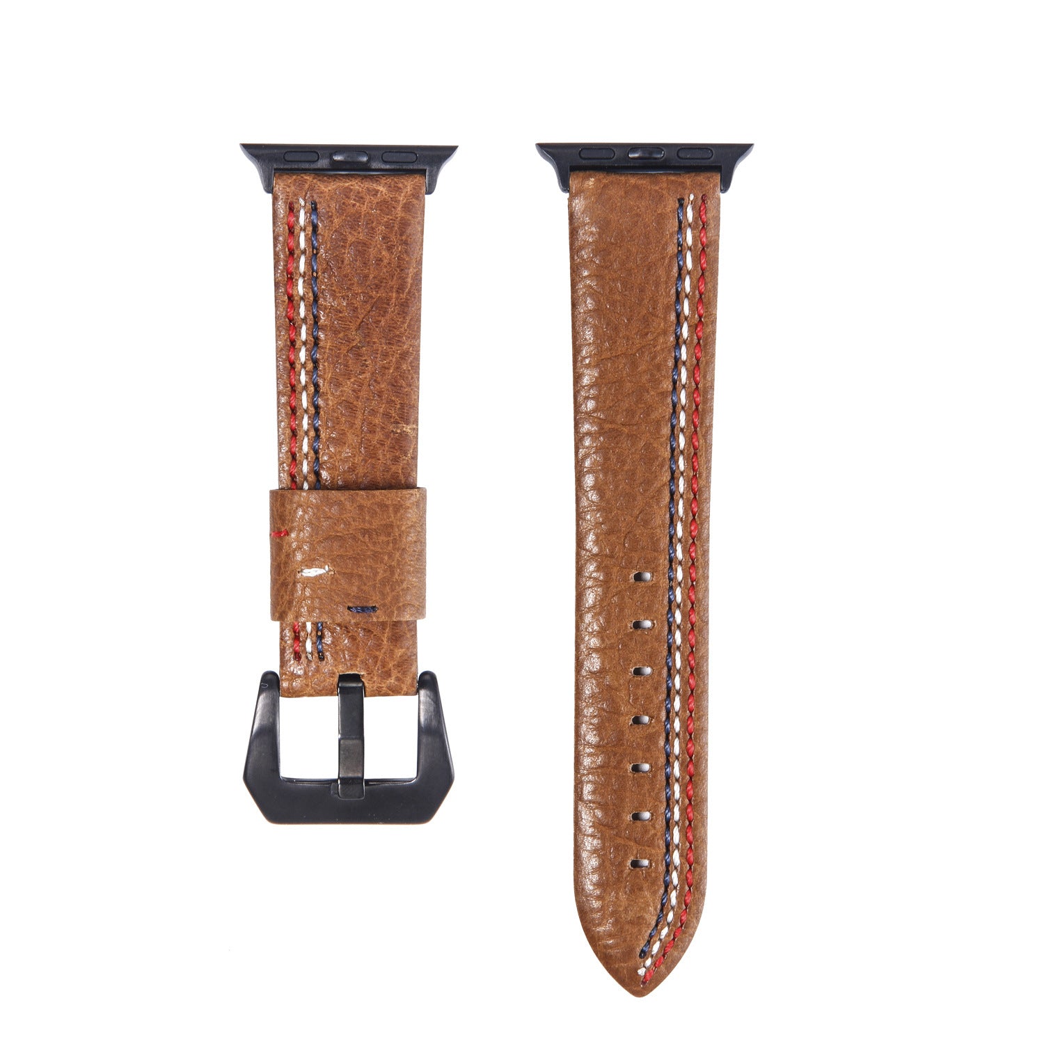 Brown leather Apple Watch band with asymmetrical red and white stitching, black connector, front and back views