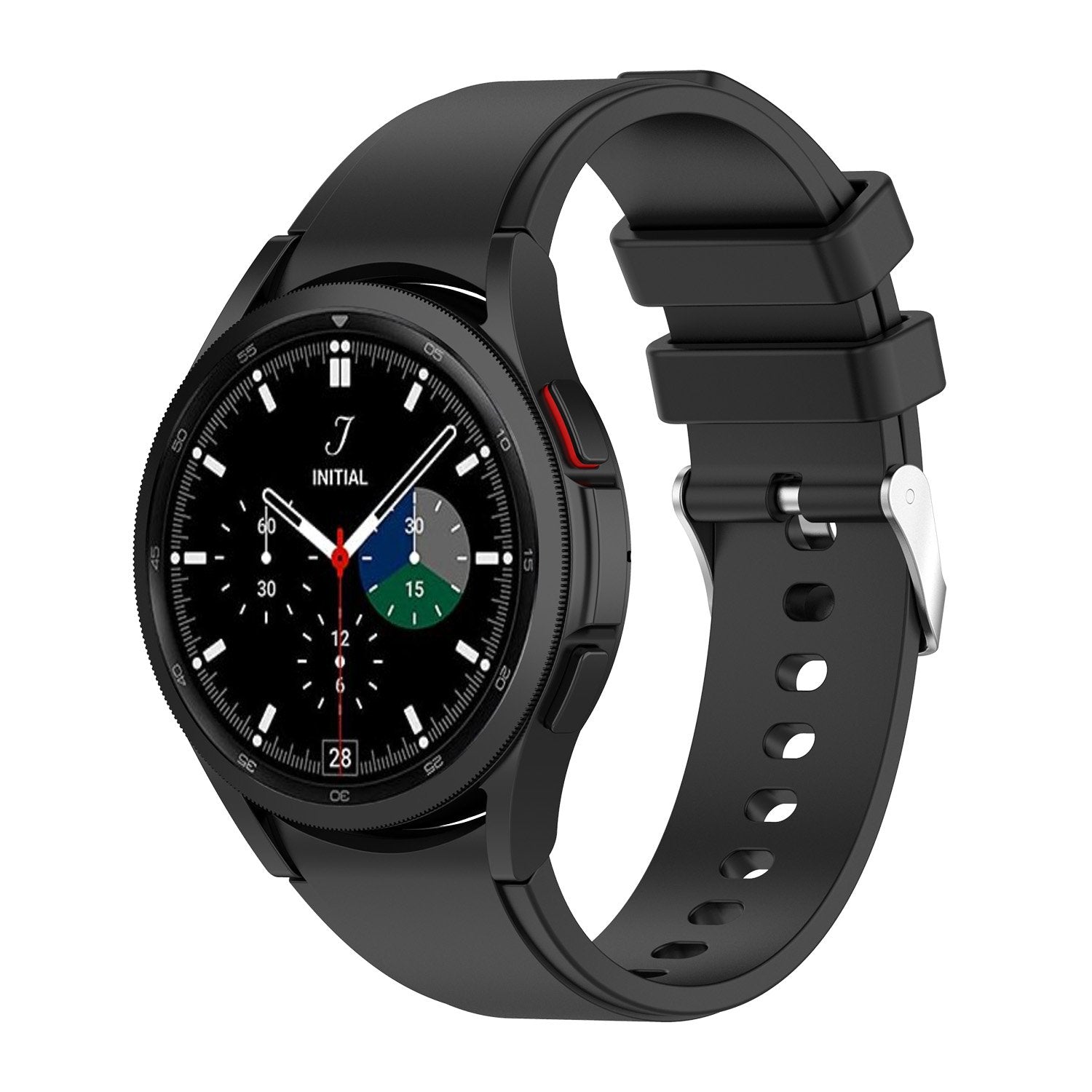 Black silicone sport watch band with gapless flexi design and silver buckle, compatible with Galaxy Watch and fitness trackers