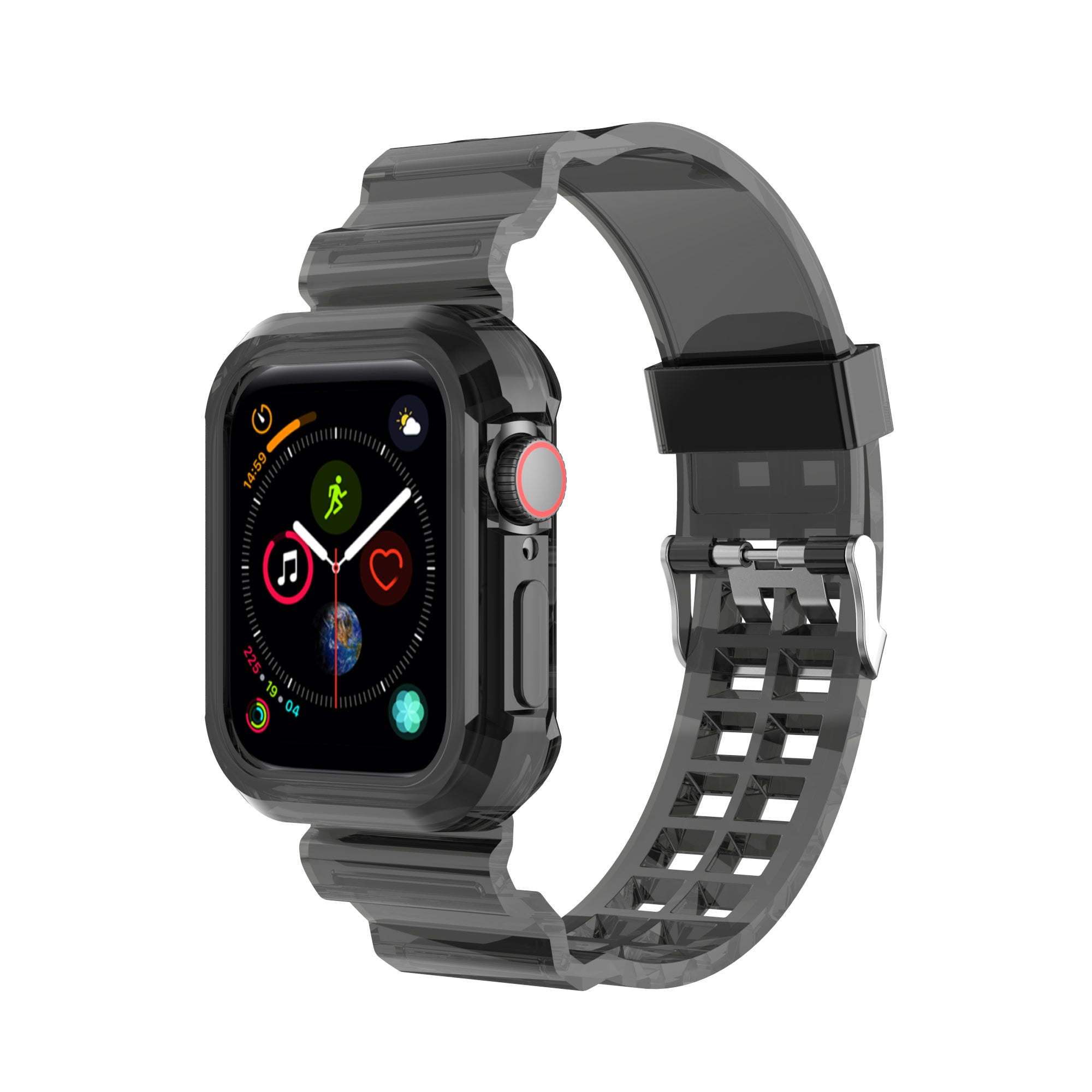 Black protective case and sport strap for Apple Watch with fitness tracker display and red digital crown button