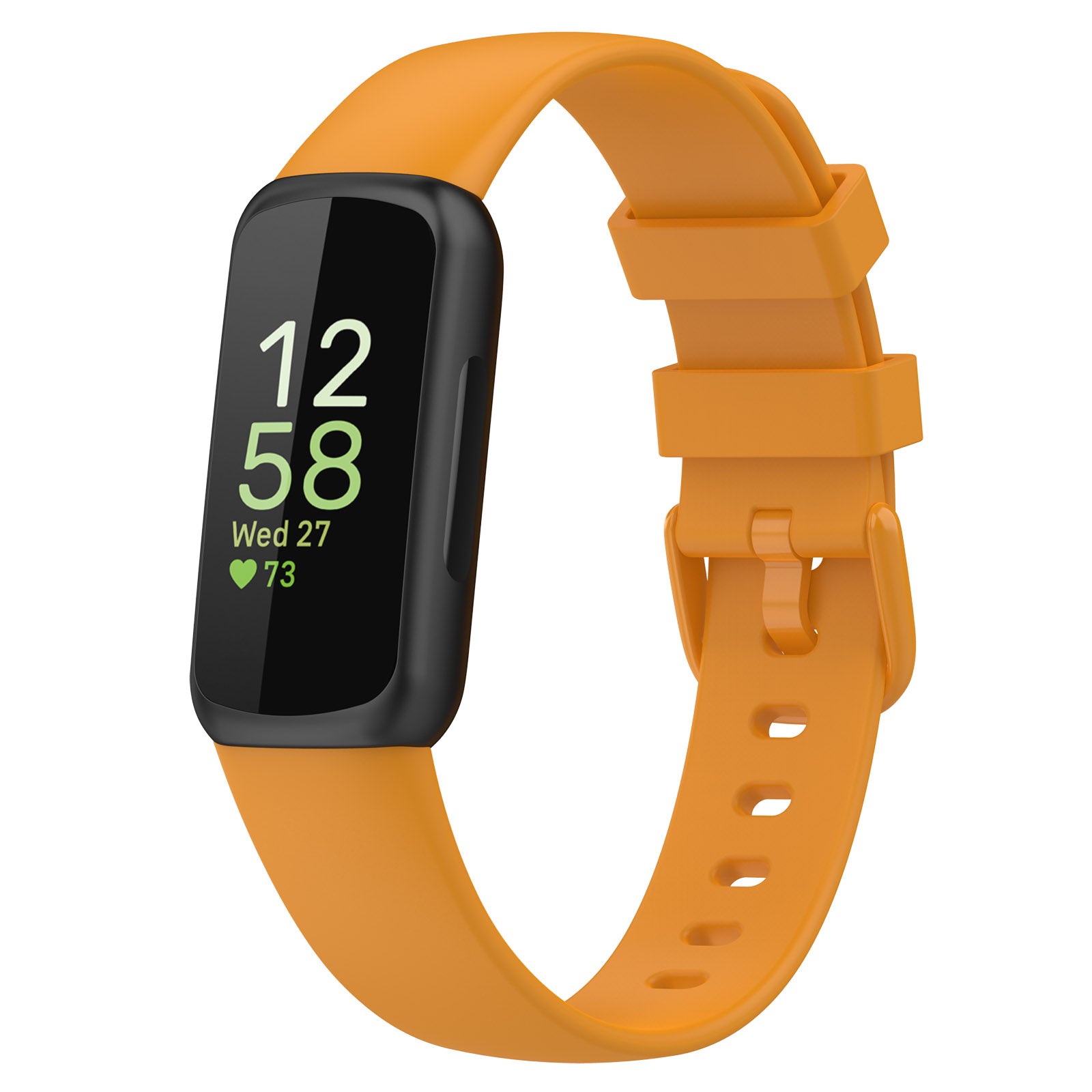 Orange silicone fitness tracker band with black digital display showing time, date and heart rate monitor