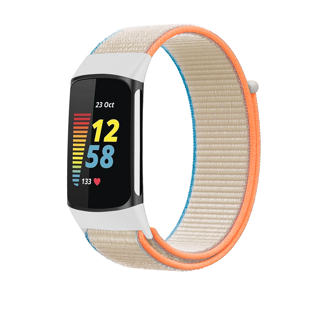 Fitbit Charge 5 and 6 sports loop velcro band in beige with orange trim, fitness tracker display showing time and heart rate