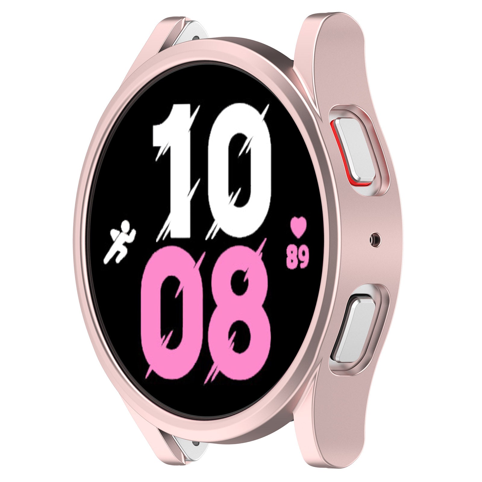Rose gold protective case for Galaxy Watch 4 and 5 with side buttons and digital display showing time
