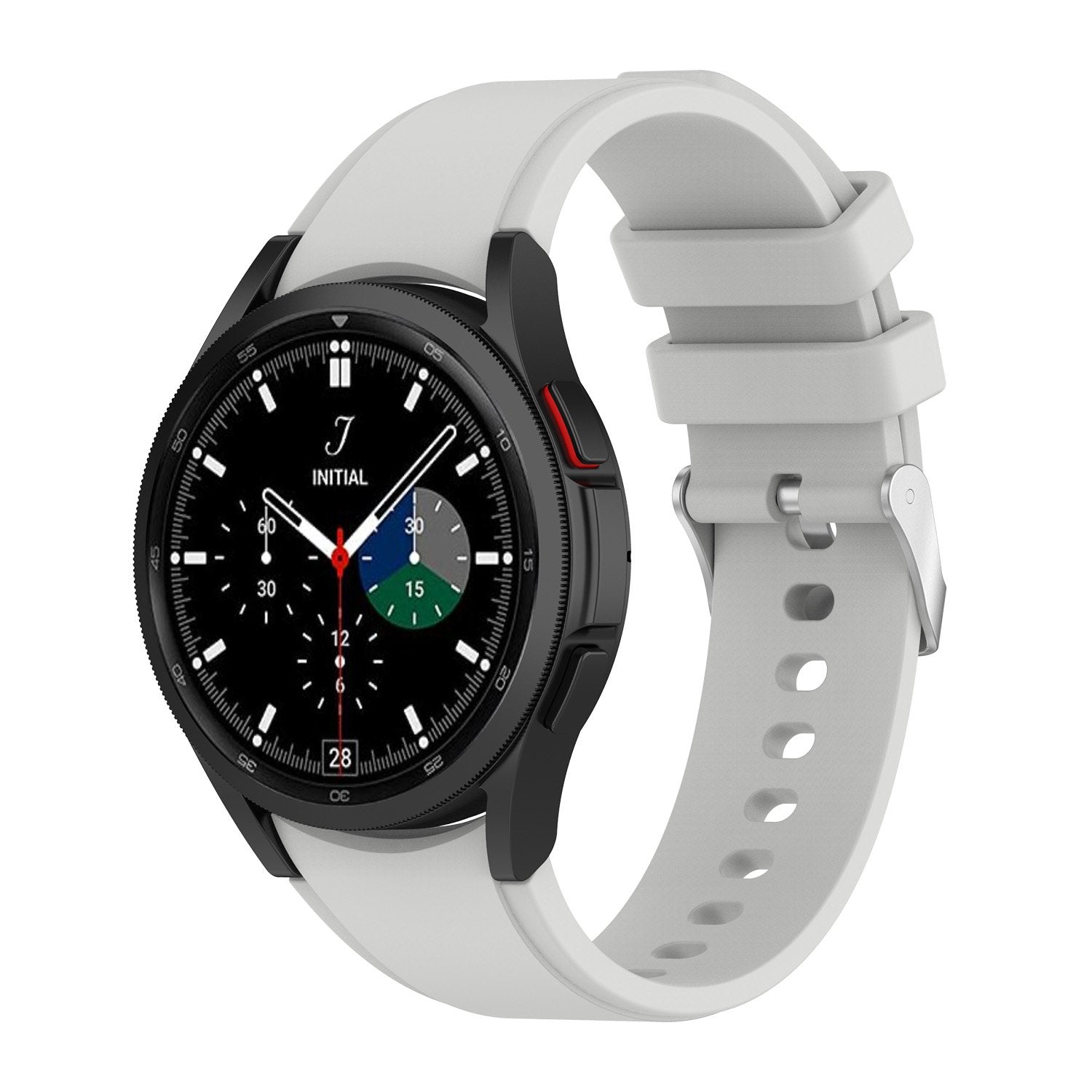 Black smartwatch with white silicone band featuring colorful chronograph dial and rotating bezel