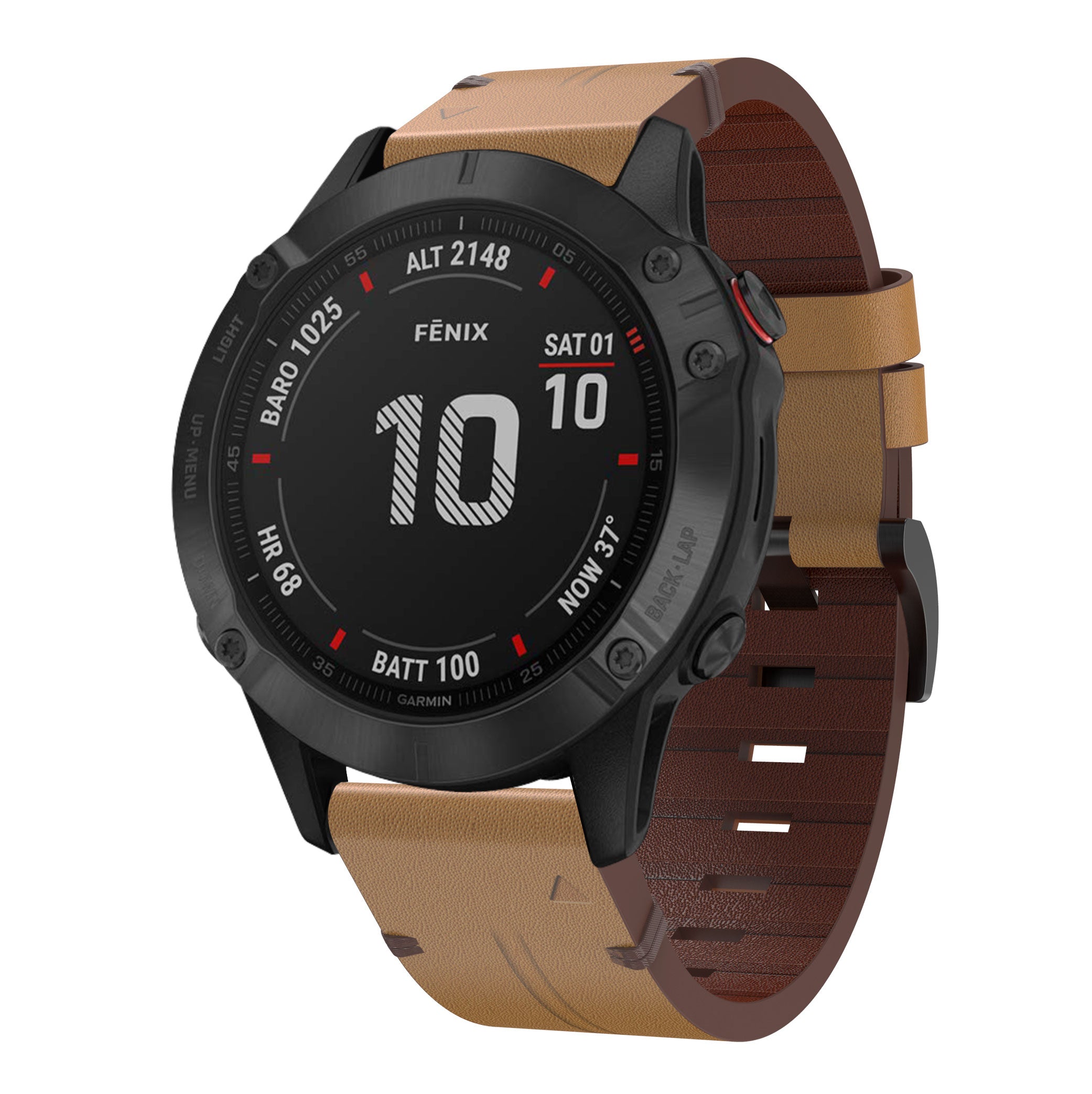 Garmin Fenix 6X smartwatch with black case and tan brown QuickFit leather band displaying date and altitude metrics