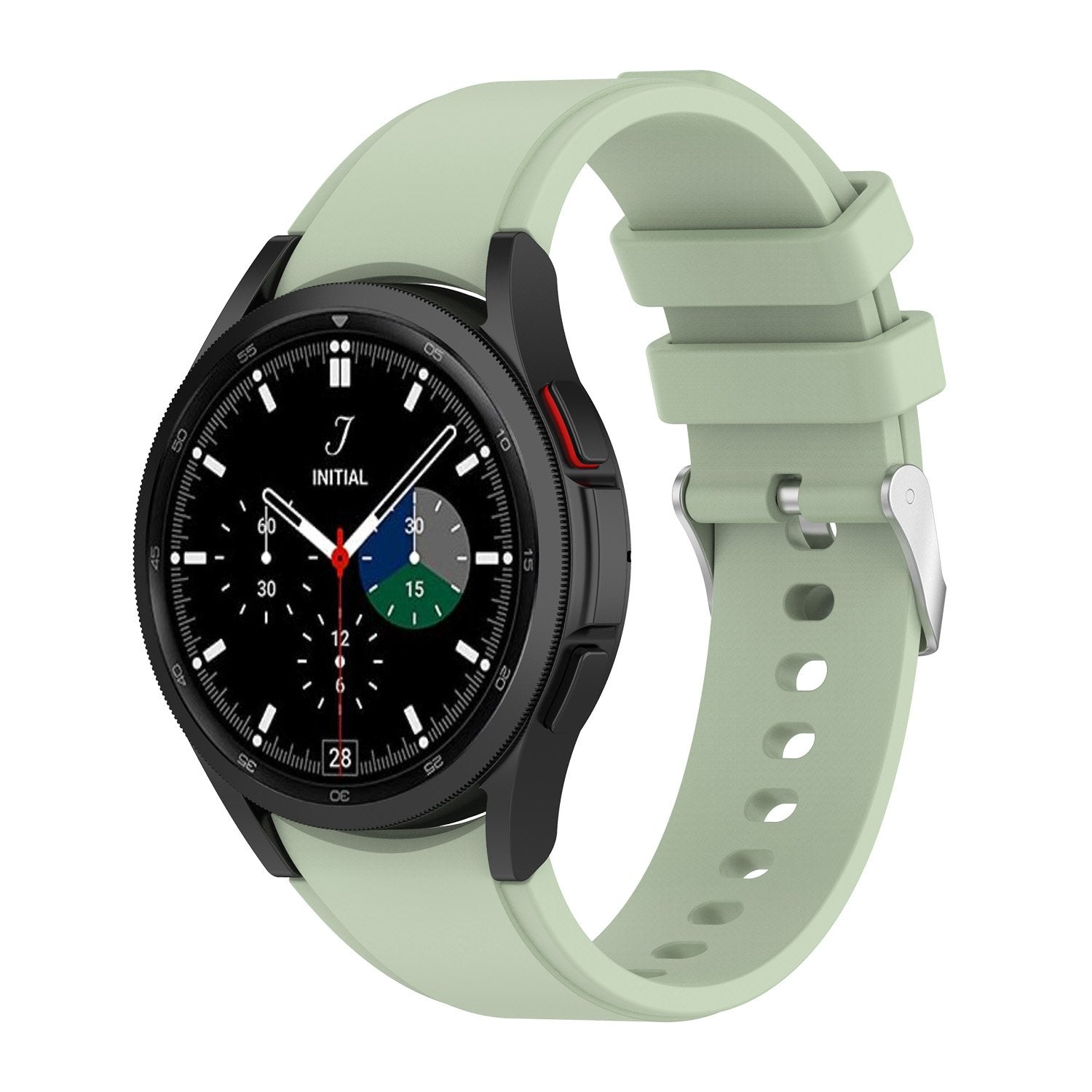 Black smartwatch with chronograph dial and mint green silicone band, gapless flexi design, sports watch with multi-color subdials