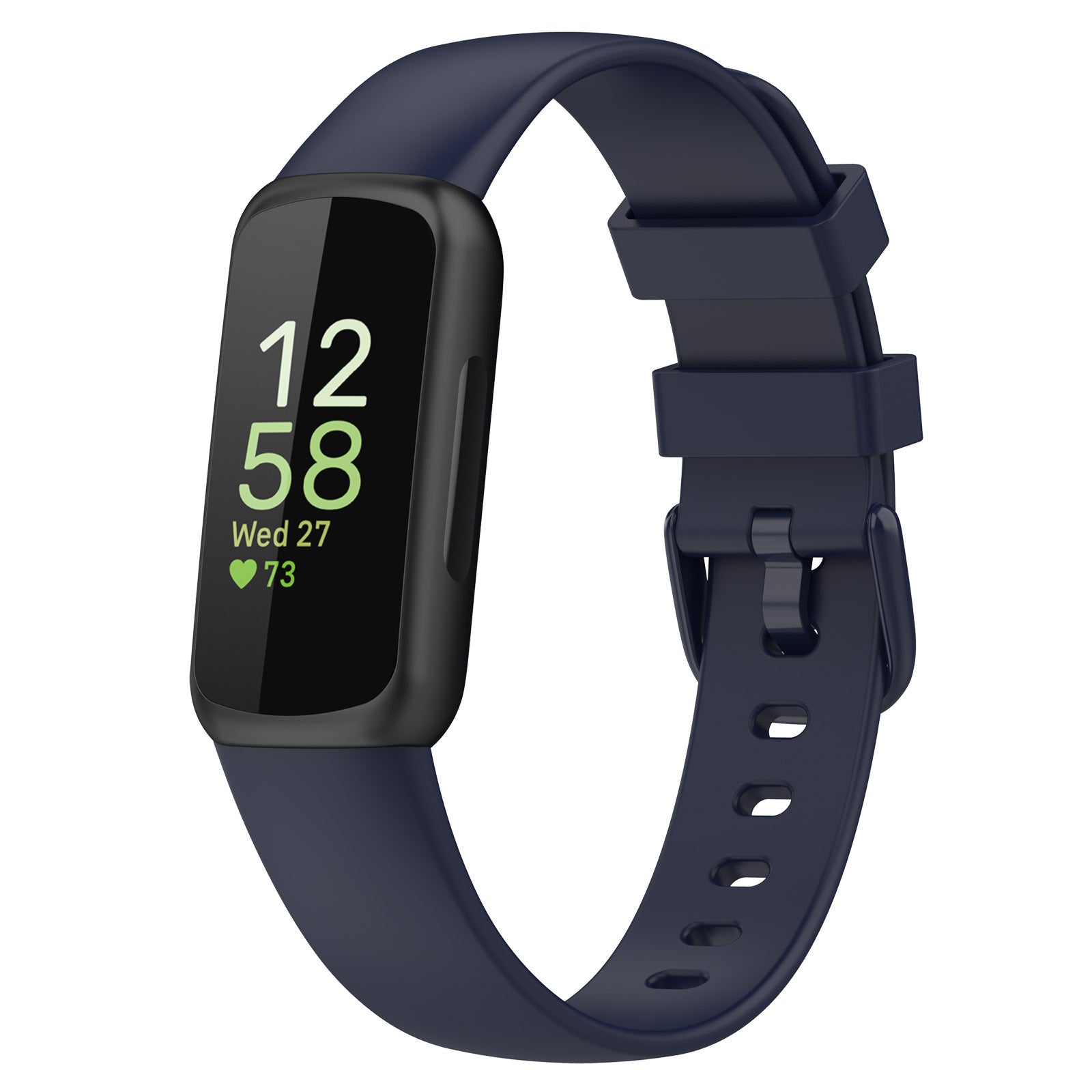 Fitbit Inspire 3 fitness tracker with navy silicone band and black buckle, displaying time and heart rate on OLED screen