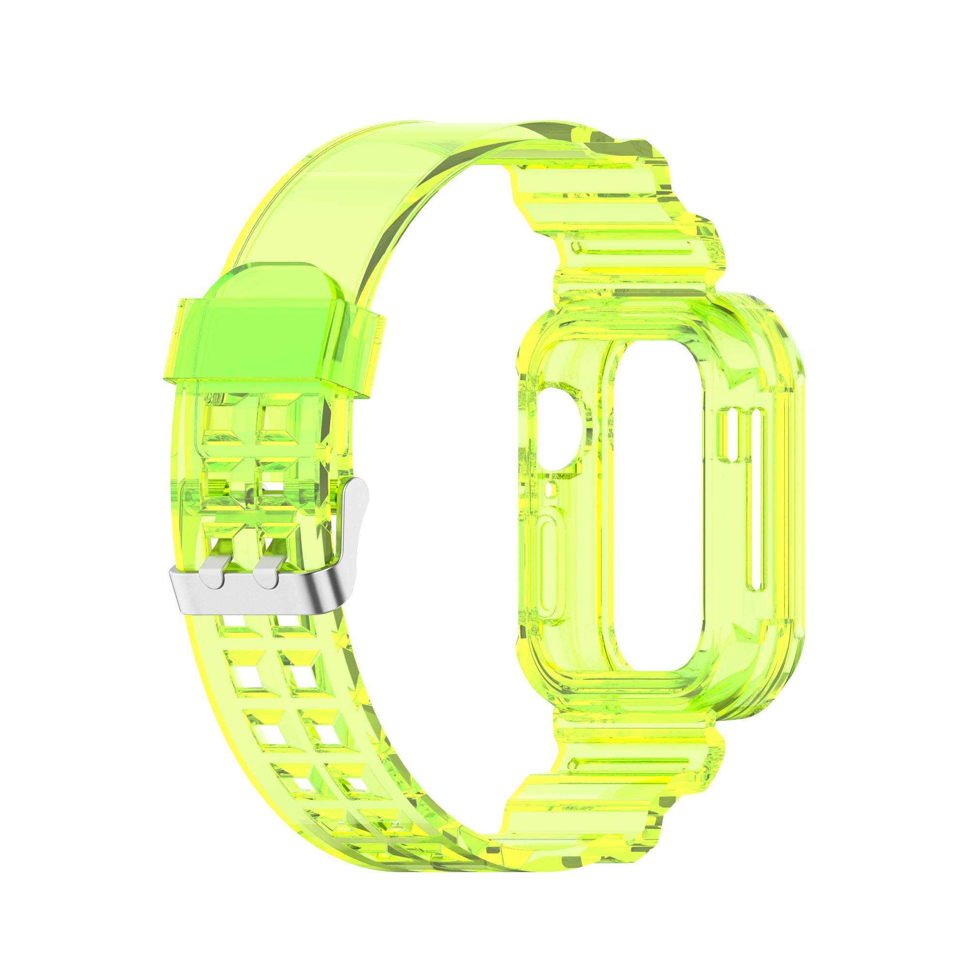 Neon yellow transparent silicone watch band and protective case for smartwatch with stainless steel buckle