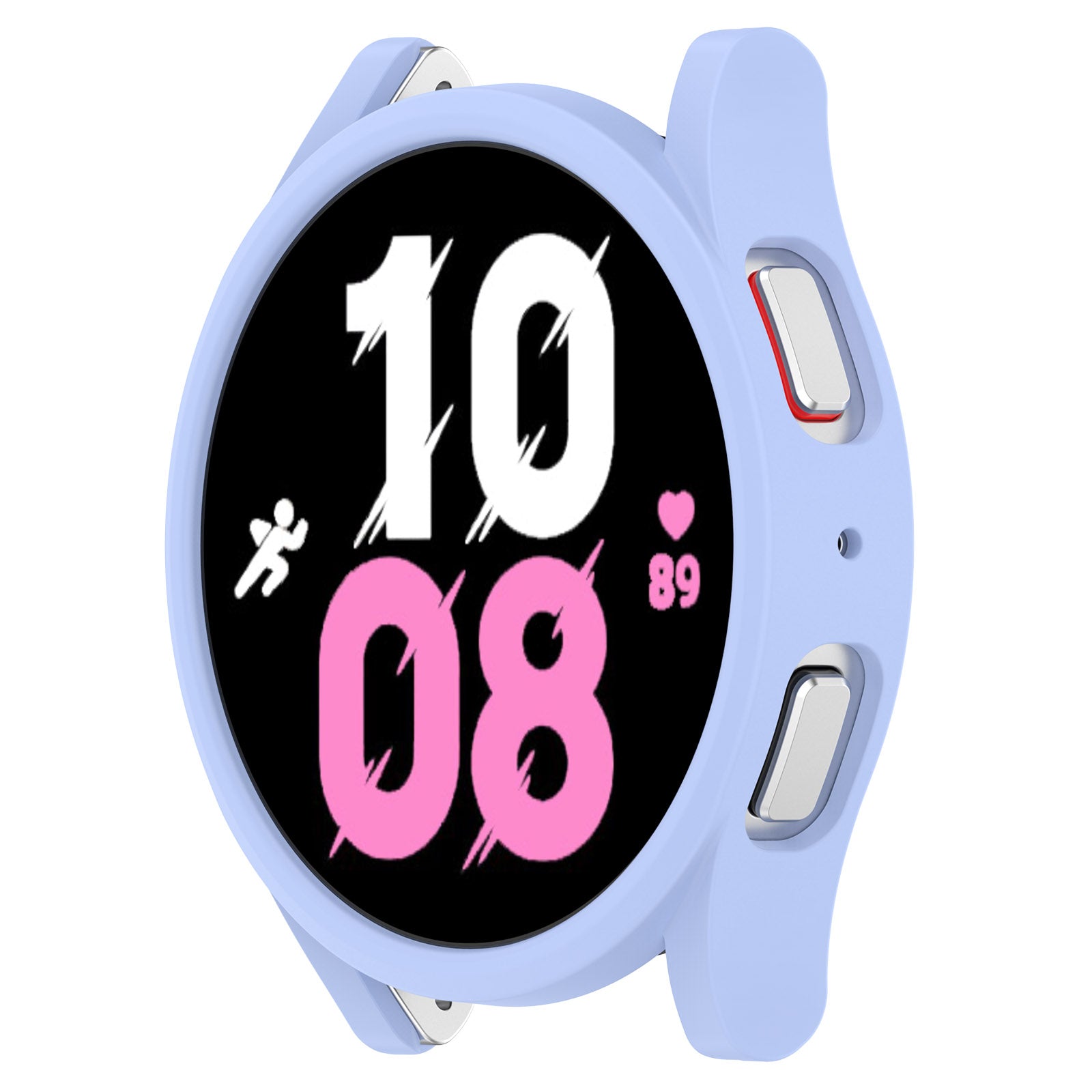 Periwinkle blue protective watch case with side buttons for Galaxy Watch 4 and 5, featuring graphic display design