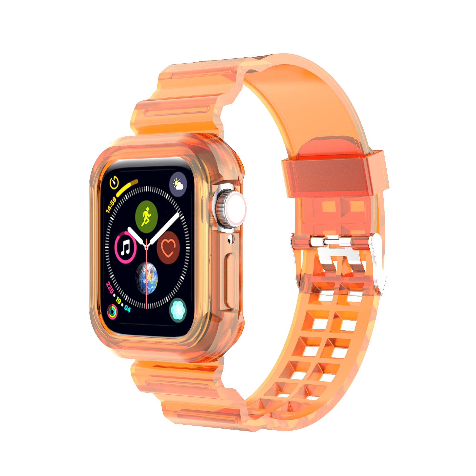 Transparent orange smartwatch case and band set for Apple Watch with colorful app icons on black display