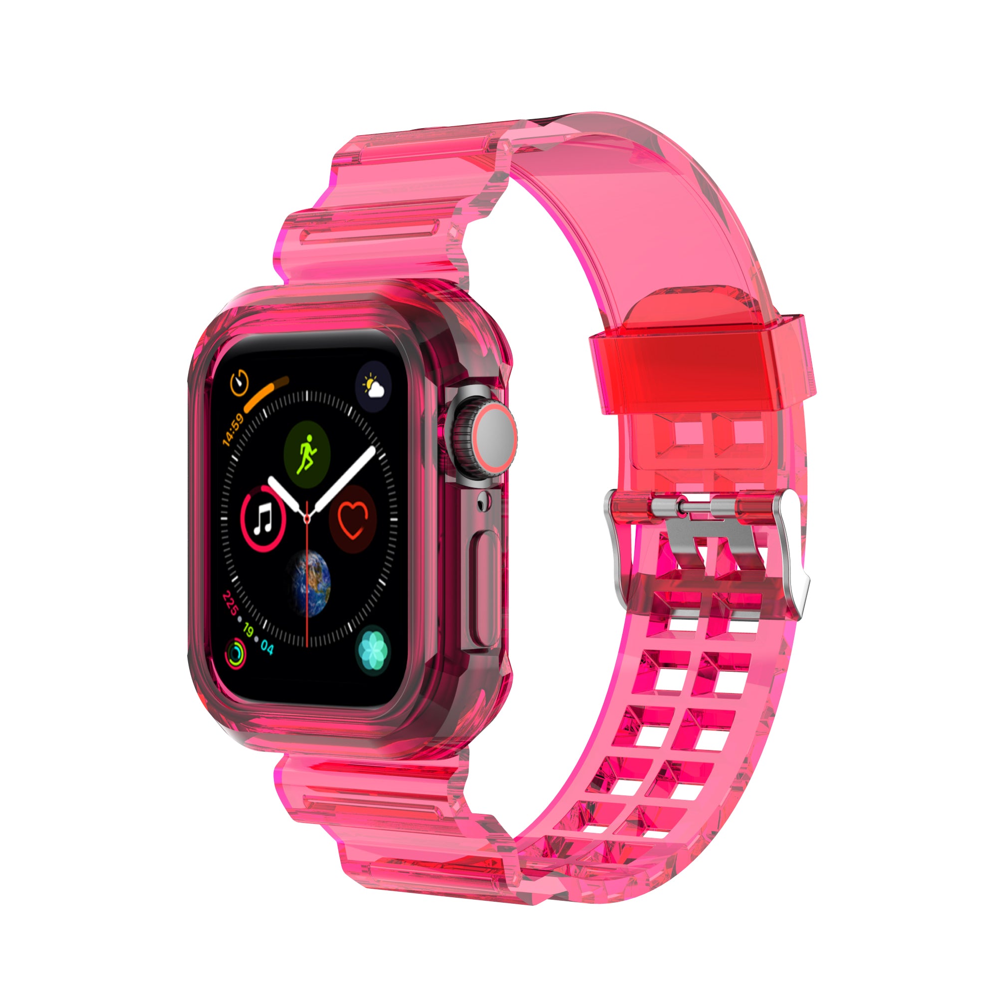 Transparent pink protective case and grid-pattern band for Apple Watch with fitness tracker display visible