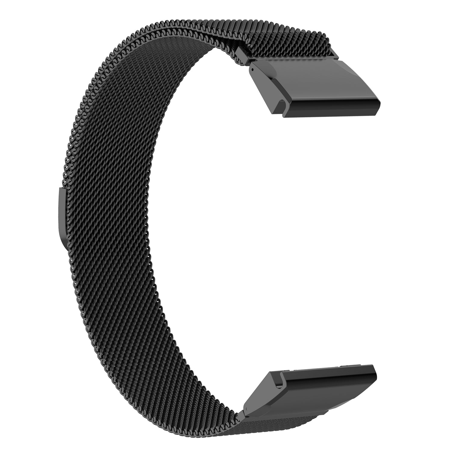 Black stainless steel Milanese mesh watch band with QuickFit compatible connectors and magnetic closure clasp