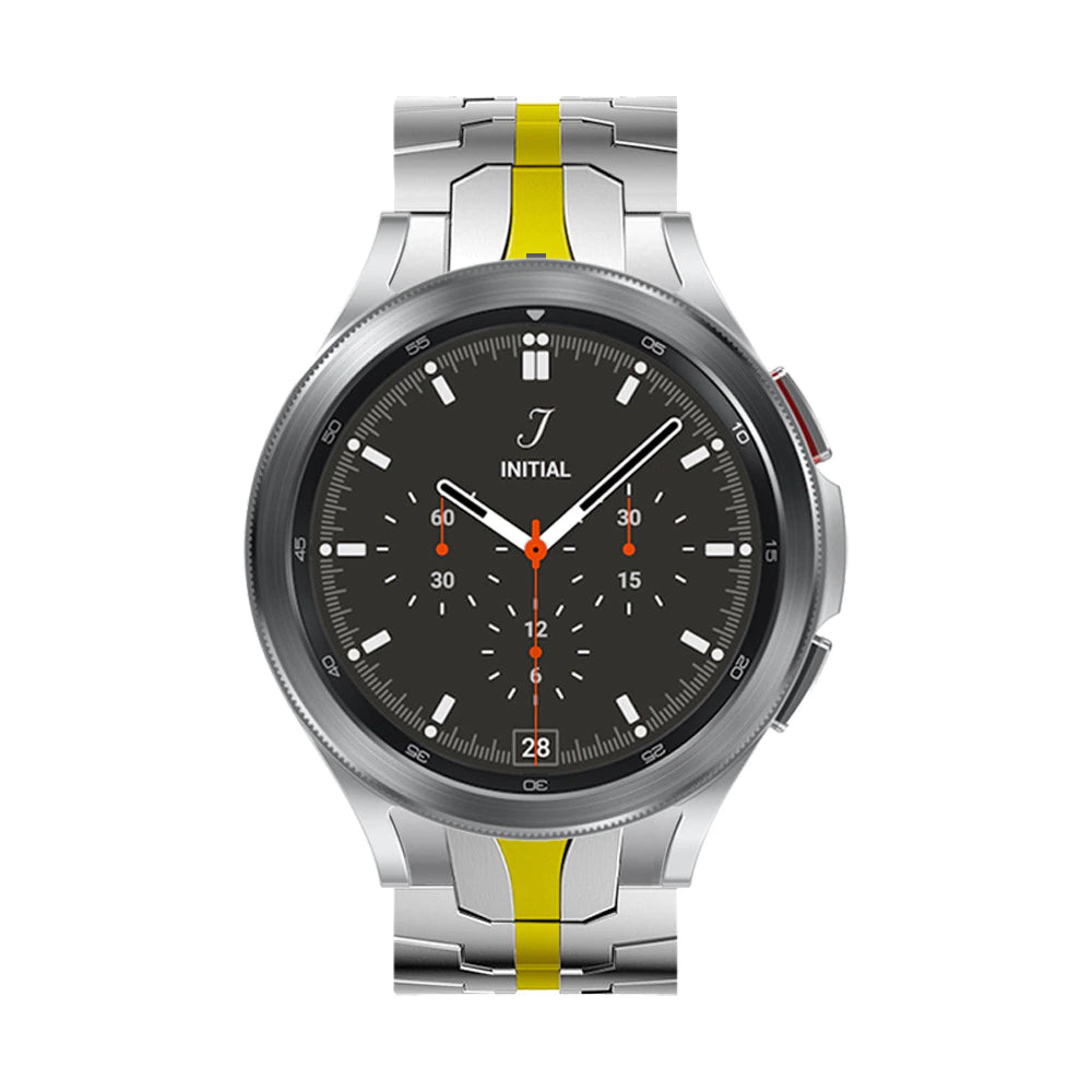 Initial chronograph smartwatch with silver steel case, black dial, orange accents, and yellow-stripe metal band