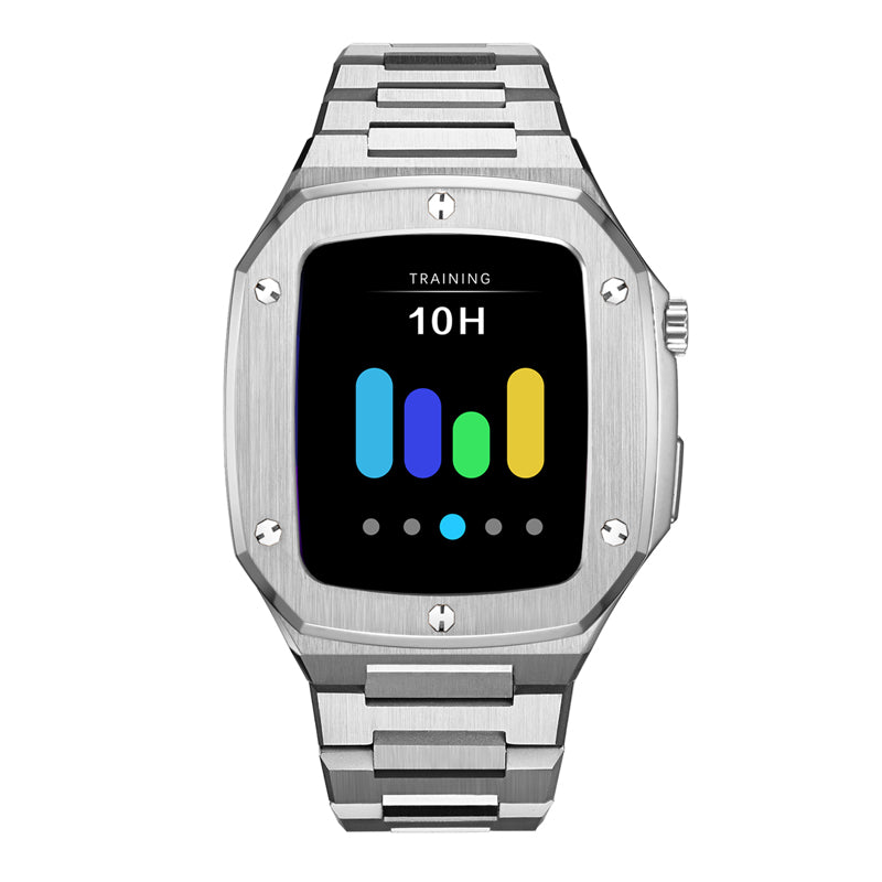 Silver stainless steel smartwatch with training data display showing 10 hours activity and colorful bar chart on square screen