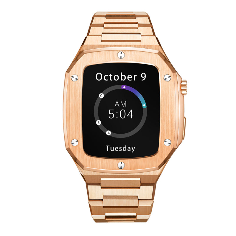 Rose gold stainless steel smartwatch with square display showing time 5:04 AM, date October 9, and matching metal bracelet band