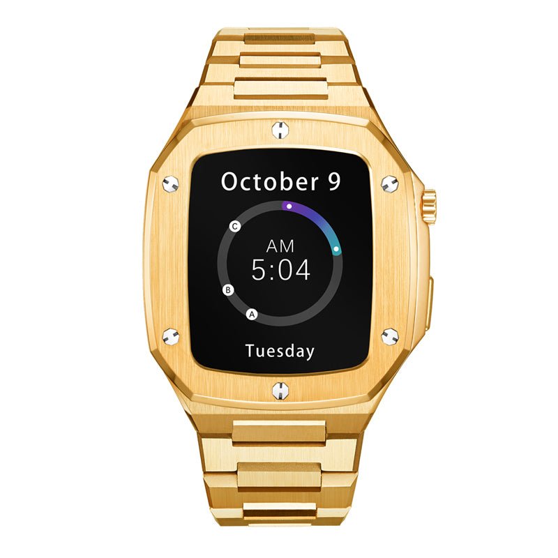 Gold stainless steel smartwatch with matching bracelet band displaying time 5:04 AM on square digital screen