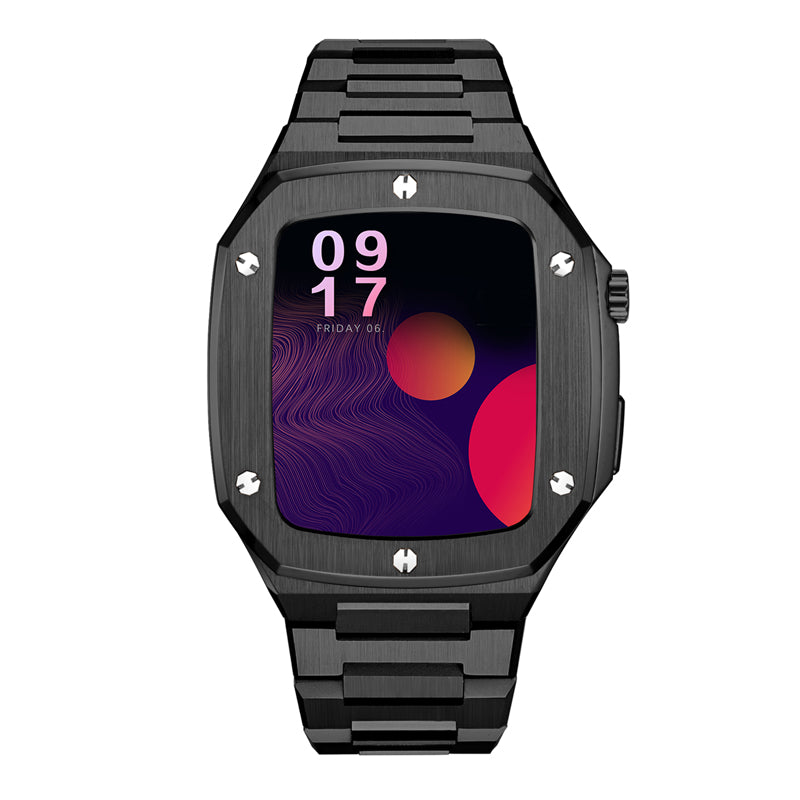 Black stainless steel luxury smartwatch with rectangular dial, metal band, and colorful digital display showing time and date