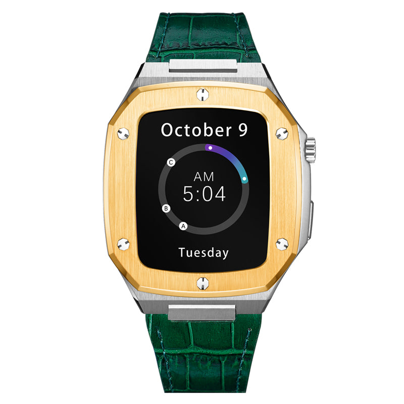 Gold brushed steel smartwatch with green crocodile leather strap, displaying time and date on black screen
