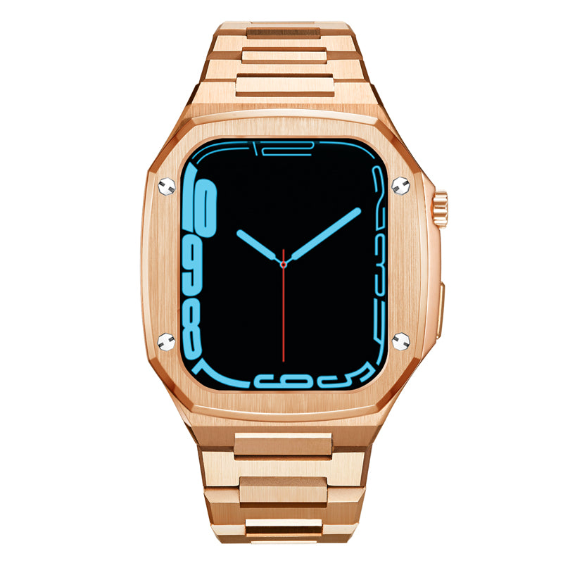 Rose gold stainless steel smartwatch with square face, blue digital display, matching metal bracelet band, and brushed finish case
