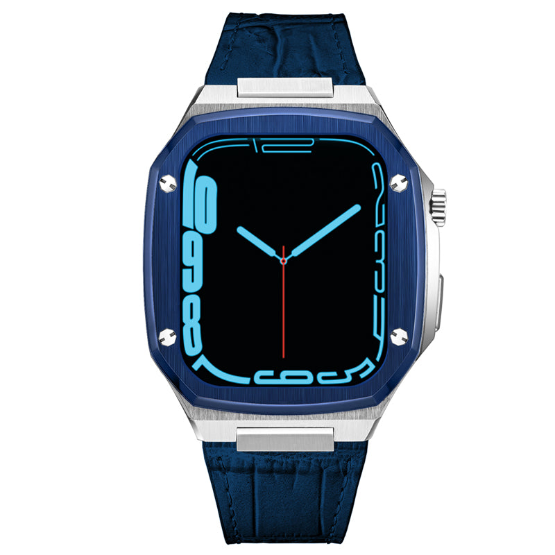 Blue leather strap smartwatch with silver steel case and neon digital display face