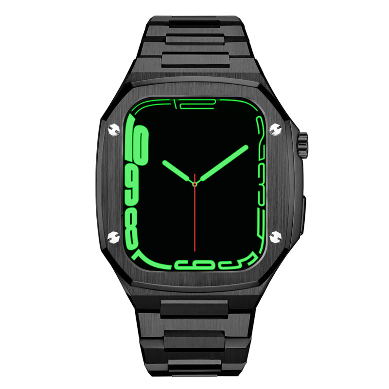 Black stainless steel luxury smartwatch with neon green digital display and matching metal band bracelet