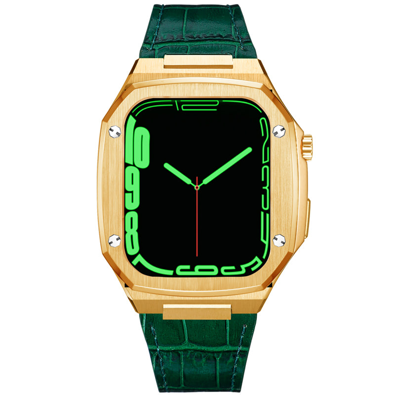 Gold stainless steel smartwatch with green crocodile leather strap and neon green digital display