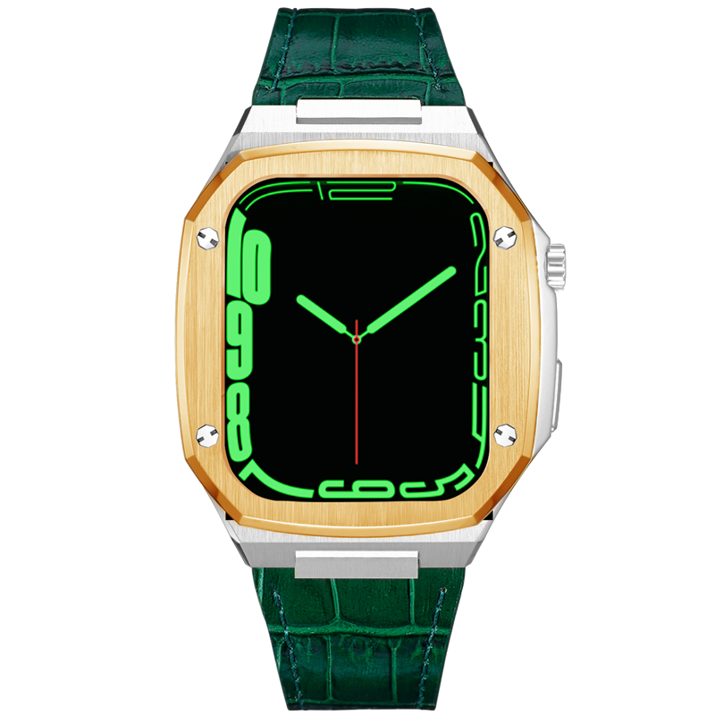 Luxury smartwatch with gold brushed bezel, silver steel case, green leather crocodile strap, neon green dial and hands