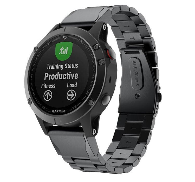 Garmin sports smartwatch with black steel band displaying training status and fitness load metrics