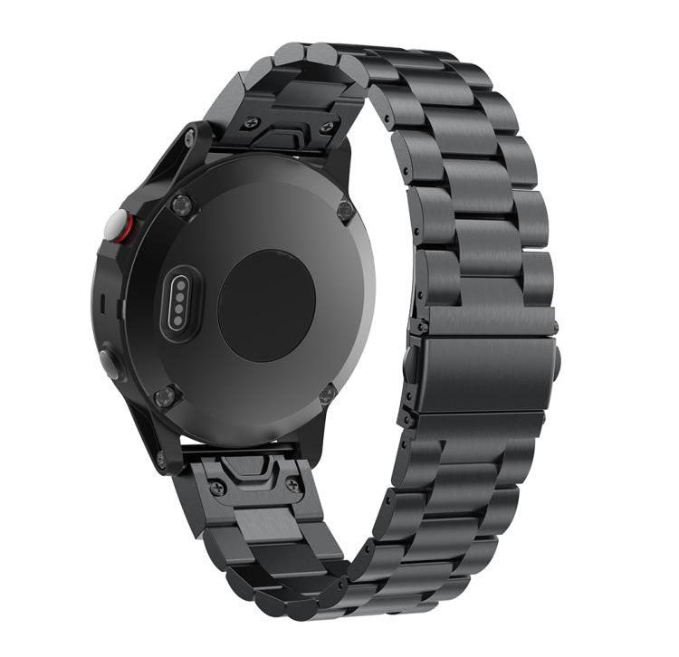 Black stainless steel QuickFit bracelet for sports watch with metal link band and quick-release pins