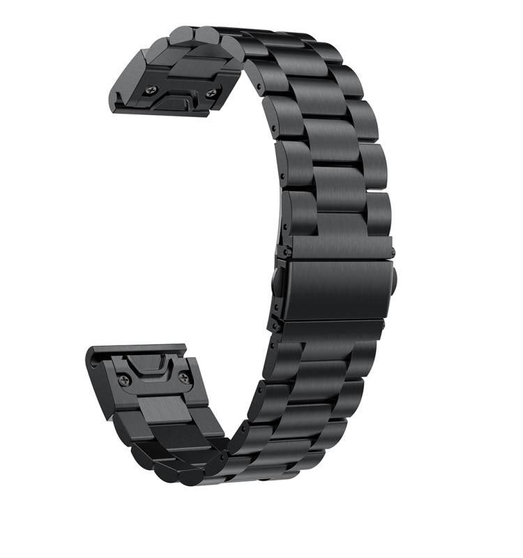 Black stainless steel smartwatch band with quick-fit connectors and brushed metal links