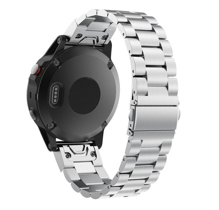 Silver stainless steel QuickFit bracelet with link band for smartwatch, rear view showing watch case and clasp