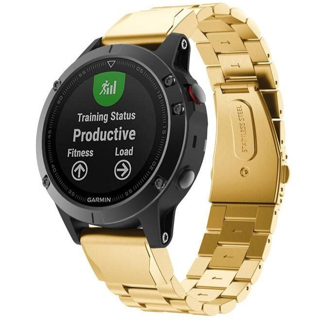 Garmin smartwatch with black face showing training status and gold stainless steel QuickFit bracelet band