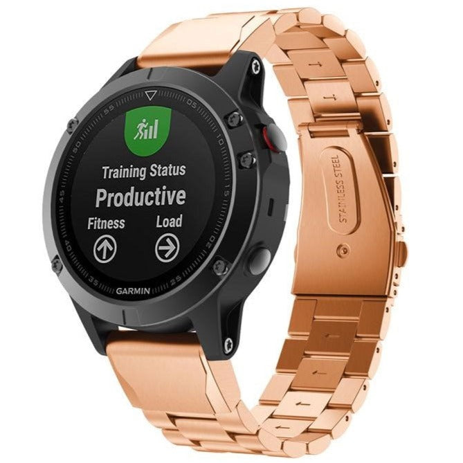 Garmin smartwatch with black face displaying training status and rose gold steel bracelet band